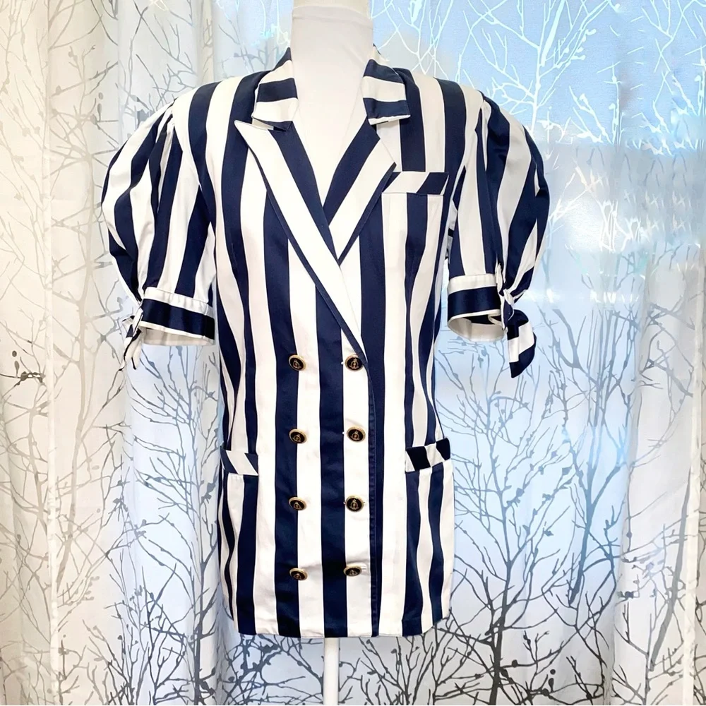 Vintage ALESSANDRINI blue white stripe nautical button ballon sleeve jacket top - Picture 1 of 13
